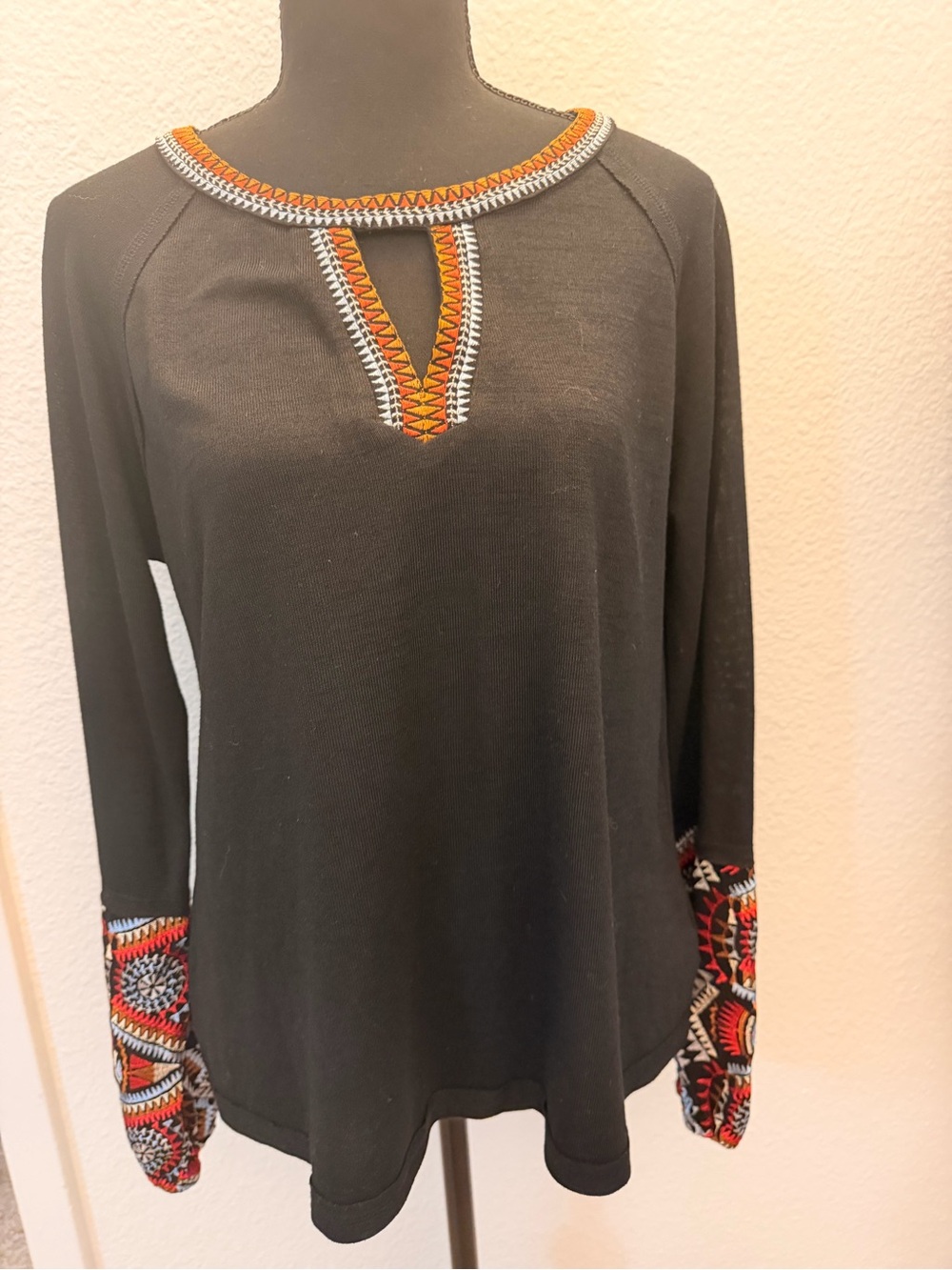 Miss Me Black Long-Sleeve Top with Orange & Multicolor Embroidery